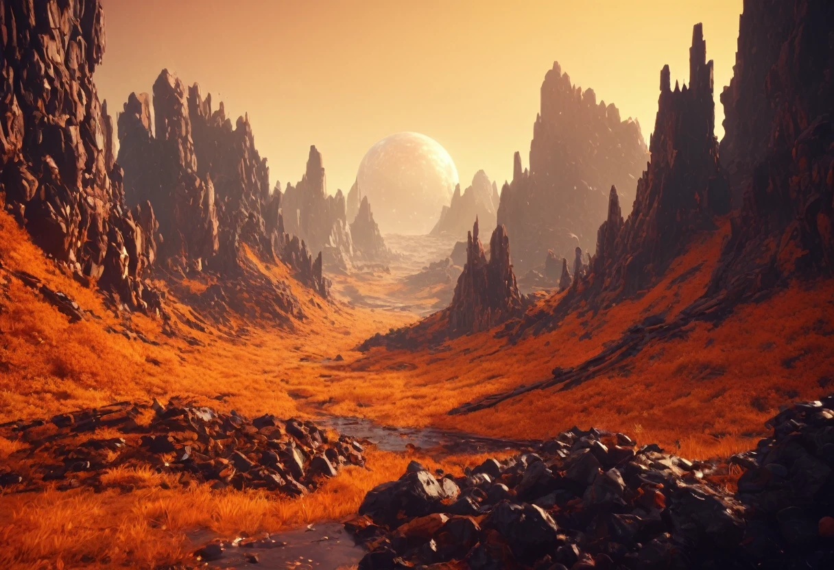Eero Aarnio-style futuristic landscape cinematic image, high détail, orange and orange colors, sharp focus, epic insane detailed, soft amber light, Shallow depth of field, vignette, highy detailed, high budget, bokeh, cinemascope, temperamental, epic, marvelous, film grain, grainy