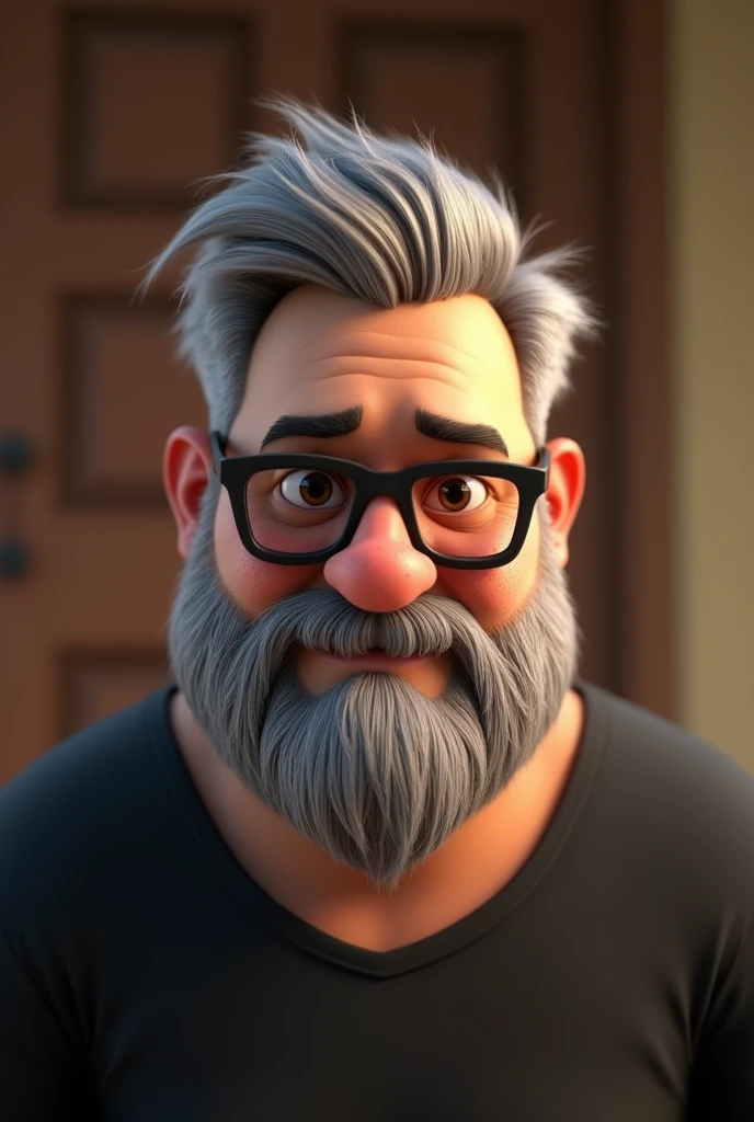 Cartoon character of a man with short gray hair and a big, closed beard, about 105 kilograms, few freckles on the face, Brown eyes, with black glasses and a black shirt, animation character, stylized character, animation style rendering, 3D stylized, Arnold Maya rendering, Render 3D stylized, Toon render keyshot, 3D character, 3D character, Stylized 3D rendering, 3d character rendering, cartoon character, Close-up character, Character pose, (pixar style) (master part:1.2) (bokeh) (Best Quality) (detailed skin) (detailed texture) (8k) (clay) (cinematic lighting) (sharp focus)