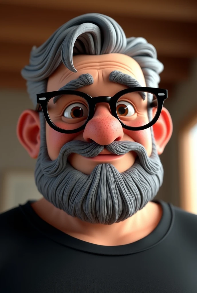 Cartoon character of a man with short gray hair and a big, closed beard, about 105 kilograms, few freckles on the face, Brown eyes, with black glasses and a black shirt, animation character, stylized character, animation style rendering, 3D stylized, Arnold Maya rendering, Render 3D stylized, Toon render keyshot, 3D character, 3D character, Stylized 3D rendering, 3d character rendering, cartoon character, Close-up character, Character pose, (pixar style) (master part:1.2) (bokeh) (Best Quality) (detailed skin) (detailed texture) (8k) (clay) (cinematic lighting) (sharp focus)