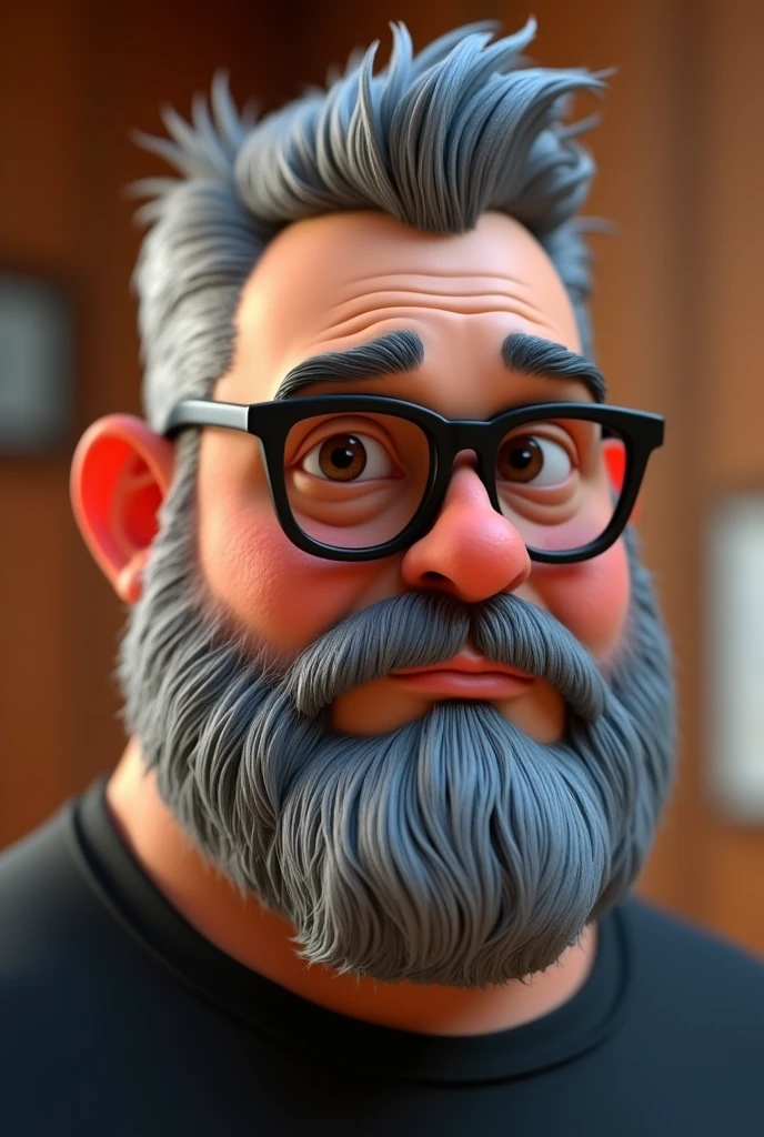 Cartoon character of a man with short gray hair and a big, closed beard, about 105 kilograms, few freckles on the face, Brown eyes, with black glasses and a black shirt, animation character, stylized character, animation style rendering, 3D stylized, Arnold Maya rendering, Render 3D stylized, Toon render keyshot, 3D character, 3D character, Stylized 3D rendering, 3d character rendering, cartoon character, Close-up character, Character pose, (pixar style) (master part:1.2) (bokeh) (Best Quality) (detailed skin) (detailed texture) (8k) (clay) (cinematic lighting) (sharp focus)