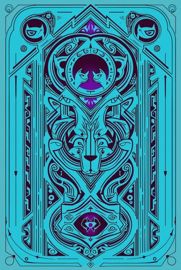 A drawing of cats with a tribal and Egyptian style, with linear shapes in the middle, on a cyan background with shades of purple.. The cats should be small elements in the whole drawing - they are in the background, and the symbols should predominate in the rest of the sheet. The design must be linear and symmetrical.