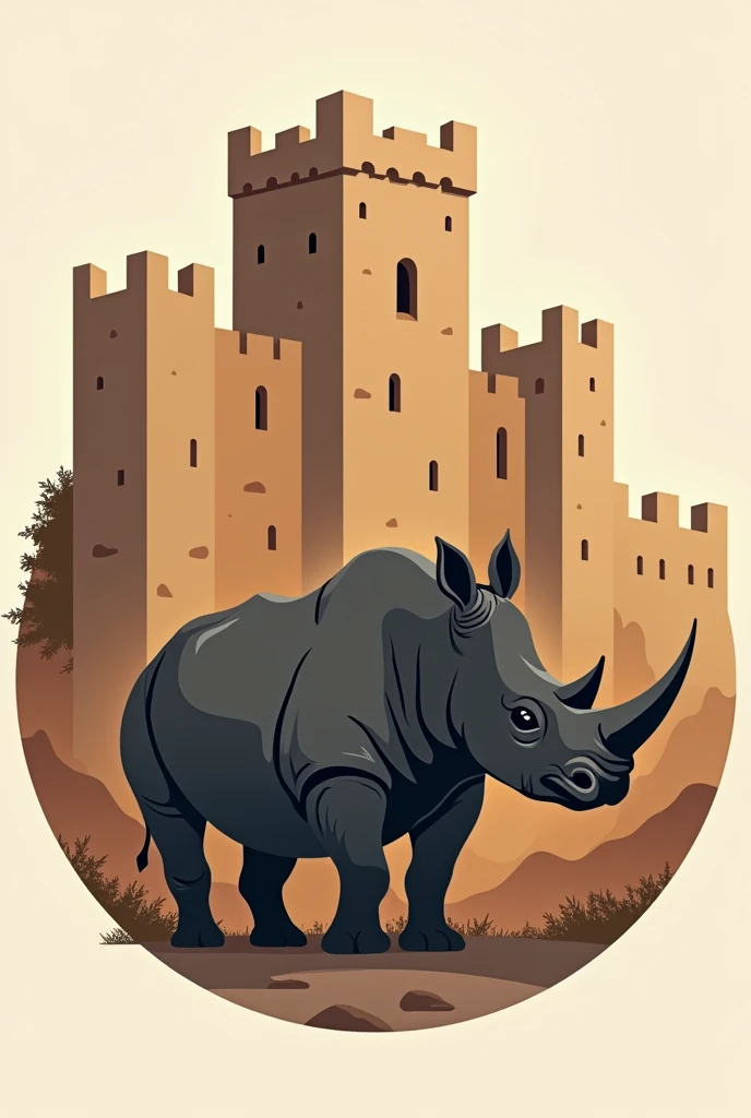 A Minimalist Style Badge, Land with a brief representation of a Rhinoceros referring to a simpler texture, with a background of a brown castle with earth details