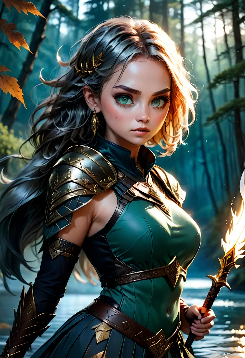 (masterpiece), anime style, wide eyes, 1 girl, Ice and fire hair female-focused, 1 girl, solo focused, dynamic lighting, UHD, crystal clear color eyes, beautiful sparkle eyes, expressive eyes, Princess Mananoke style cloth, warrior hunter cloths, tattoo, holding, weapon, bone_spear, feather, tribal, forest, nighttime, lake, green shrubs, fantasy animals, dark blue outfit, leather armor, huge spear, two-handed weapon