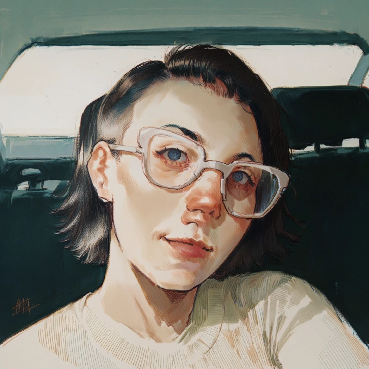 score_9, score_8_up, score_7_up, 1girl, bright brunette short hair, T0n1, half open mouth, bright eyes, smiling, glasses