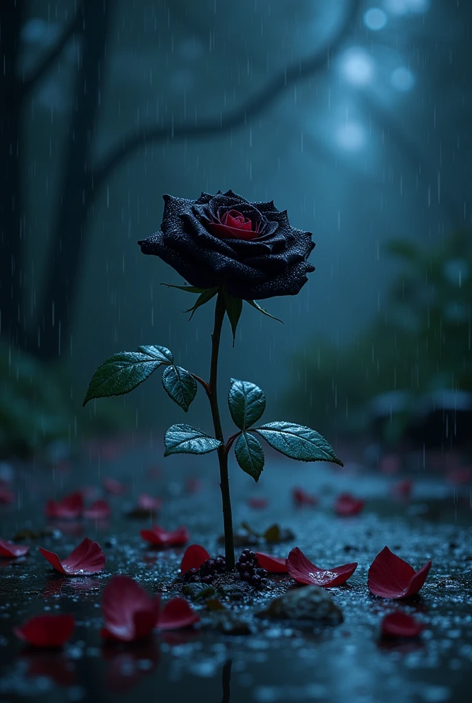 A black rose, with a starry sky and petals of the same rose on the ground, with rain