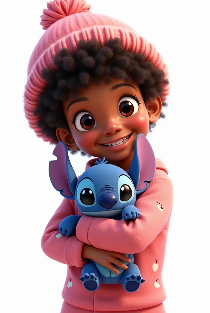 A 9 year old, brown skin, eyes browns, long and curly hair, wearing pink pajamas and a beanie on his head, com o stitch no colo, the stitch should wear blue pajamas, disney pixar style drawing, the image has a white background (png)