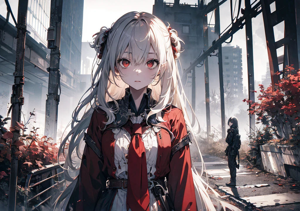 Realistic photos, Focus distance 10mm, Red and white, Beautiful girl, Realistic photos, Shooting at focus distance 10mm, masterpiece, 最high quality, high quality, Very detailed CG 8k wallpaper unit, Award-winning photography, Depth of written boundary, High resolution, bloom, chromatic aberration, Realistic, Very detailed, Art Station Trends, CGsociety Trends, Complex, High detail, dramatic, Art on the go, volumetric lighting, A beautiful zombie girl stands expressionless in the mist on an old bridge, with rusty iron fences stretching out behind her