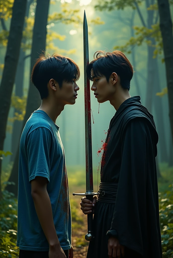 Jeon Jungkook and Kim Taehyung are in a forest. They are facing each other. There is a distance between them. Jungkook's eyes are full of tears. Jungkook is wearing a blue t-shirt and it is dirty. Taehyung is wearing black clothes. Taehyung has a black cloak on. A sword has pierced Taehyung's back and come out of his chest. Taehyung is covered in blood. The tip of the sword coming out of Taehyung's chest extends to Jungkook's front.