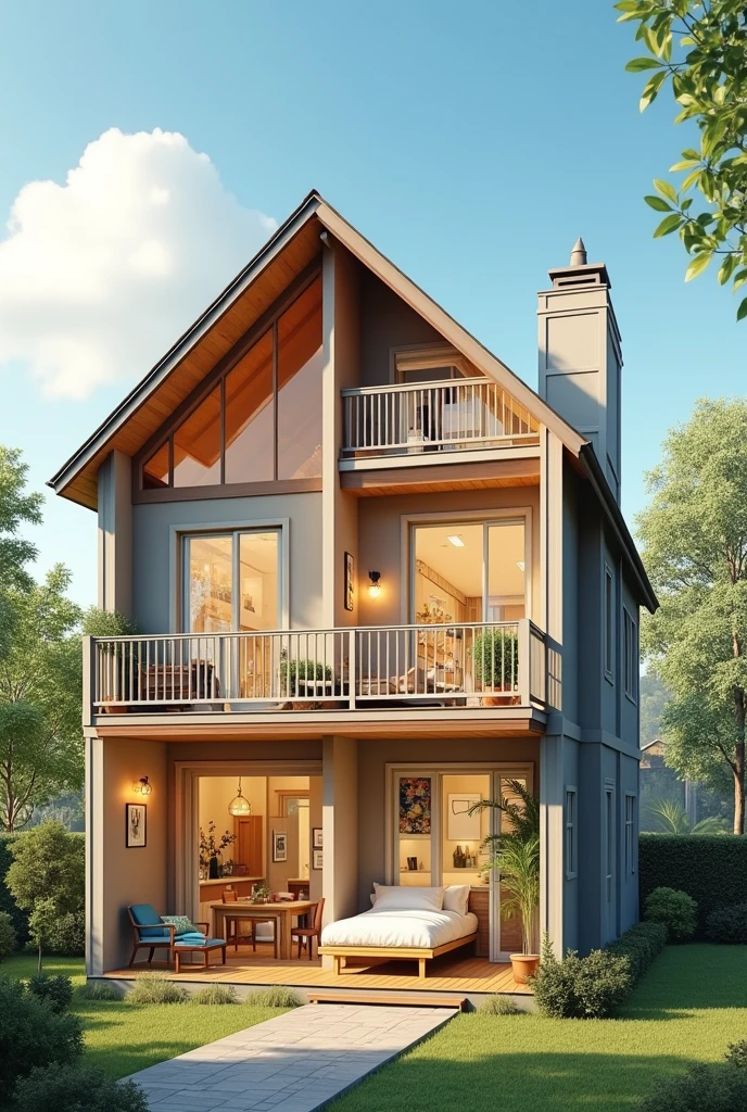 IMAGE OF A TWO-STORY HOUSE WITH A CROSS-SECTION, WHERE IT IS OBSERVED ON THE FIRST FLOOR BATHROOM, LAUNDRY, bedroom AND A BALCONY AND ON THE SECOND FLOOR KITCHEN, dining room, living room, PARKING AND A TERRACE