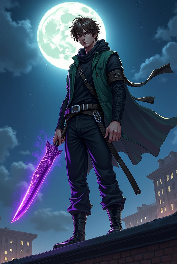 Create a serious male character wearing ninja clothing and a green vest, brown hair bangs, with bright brown eyes, holding a purple machete,coming out of light, In the middle of.night on top of a roof,and writes Dean leffkiah in manga style