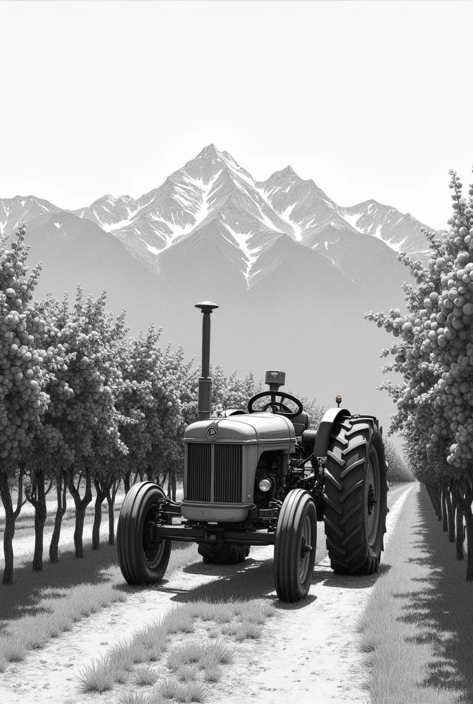 A pencil drawing of a tractor entering a grape vineyard with mountains in the background