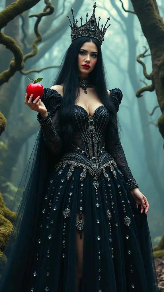 Girl,Black long hair，Black Queen，accessories，Apple in hand，Poison apples，Witch Queen，Red lipstick naked 