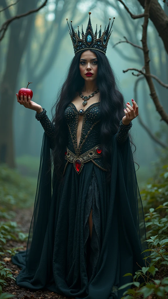 Girl,Black long hair，Black Queen，accessories，Apple in hand，Poison apples，Witch Queen，Red lipstick naked 