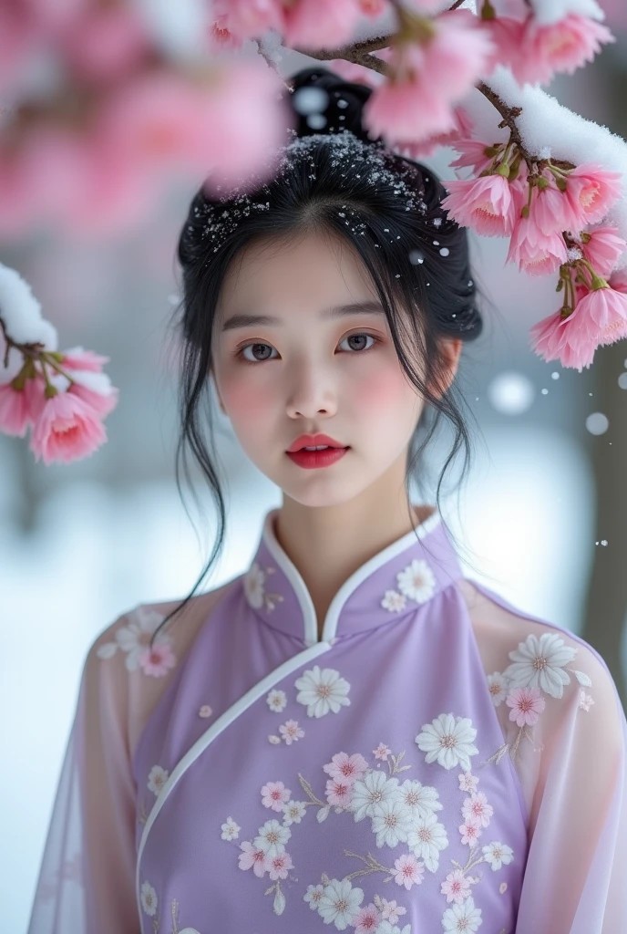 A pale skinned korean girl, full body, slender, , black hair (bun), thin red lips, mole under left brow, a traditional Korean outfit (cheongsam) white and lavender flowers, small chest, standing under a cherry blossom tree while it's snowing, CLEAR IMAGE