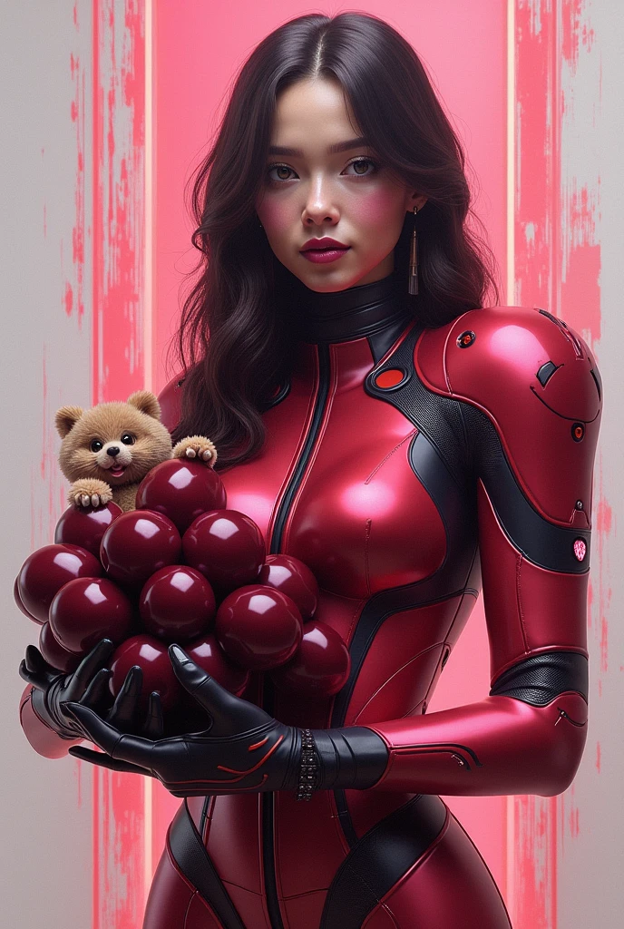 woman in a futuristic suit with dark cherry balls with a small cute fluffy creature in her arms, oil painting, heavy brush strokes, Unreal Engine 3D paint dripping; Symbolism; Colorful; Polished; Difficult; UHD; D3D; 16K", full color painting low contrast, soft cinematic light, exposure blending, HDR, frontal, watercolor, ArtStation trends, sharp focus, studio photography, intricate details, high detail, Greg Rutkowski