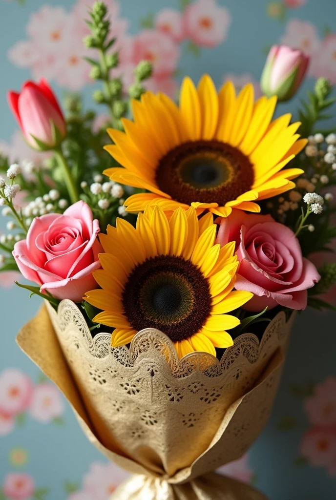 A Bouquet wrapping with one sunflower one rose, only one tulip. Just one each flower. Nake the wrapping more beautiful