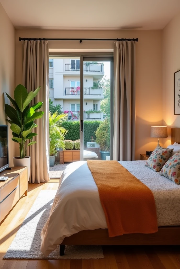 This is a double bedroom in an apartment that measures 2.8 x 3.7 m, it only has one partition, the bedroom patio measures 1.6 x 2.2 m, this patio is enclosed space, There are also more apartments on the following floors. I want you to show the view from inside the room