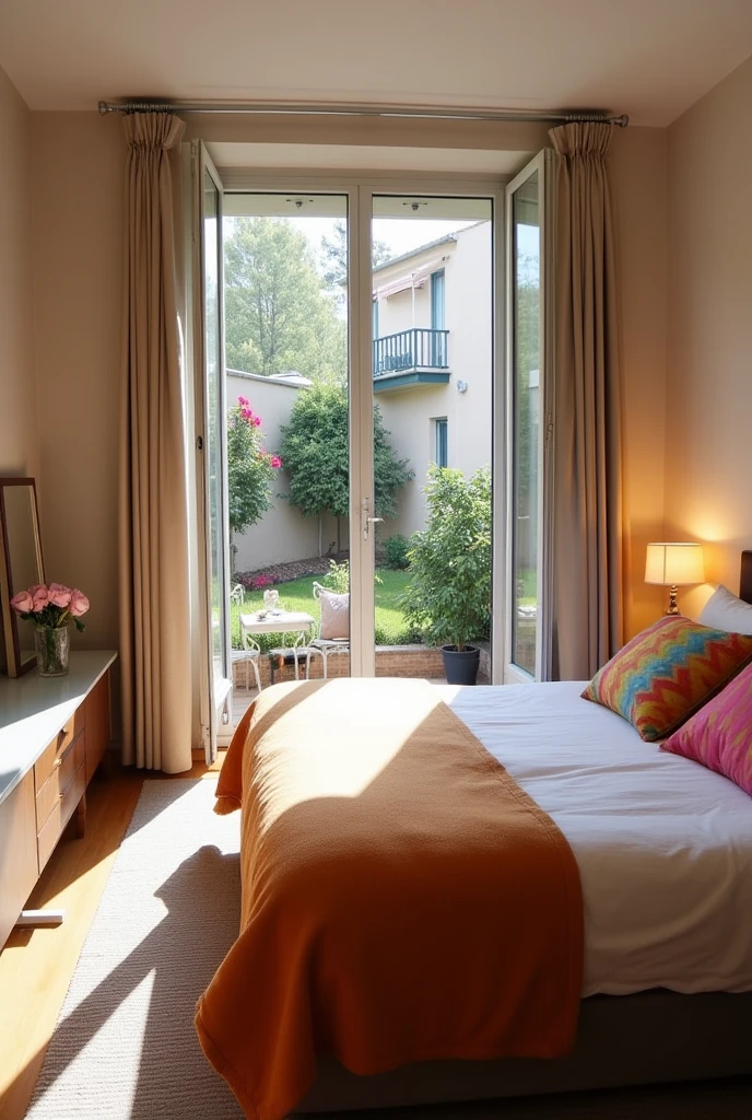 This is a double bedroom in an apartment that measures 2.8 x 3.7 m, it only has one partition, the bedroom patio measures 1.6 x 2.2 m, this patio is enclosed space, There are also more apartments on the following floors. I want you to show the view from inside the room