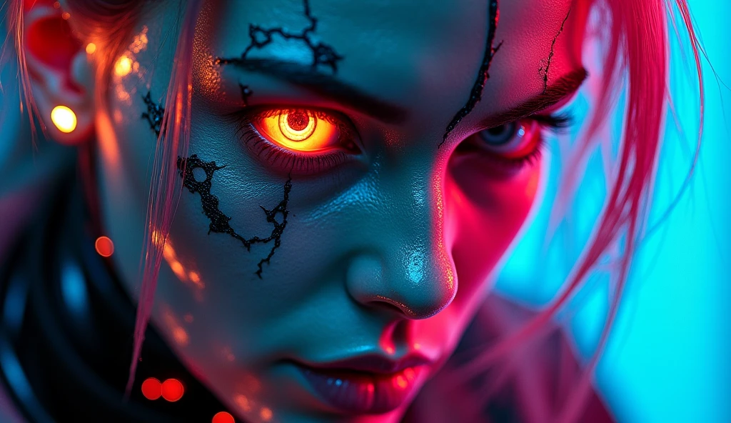 "A close-up of a cyberpunk-inspired face, combining human and mechanical elements. The skin is cracked and metallic, with neon lights glowing through the cracks. One eye is a glowing cybernetic implant, while the other retains a menacing human glare. The hair is made of sleek, metallic fibers that catch the neon light. The style should be vibrant and futuristic, with a strong contrast between the dark metal and the bright neon lights."