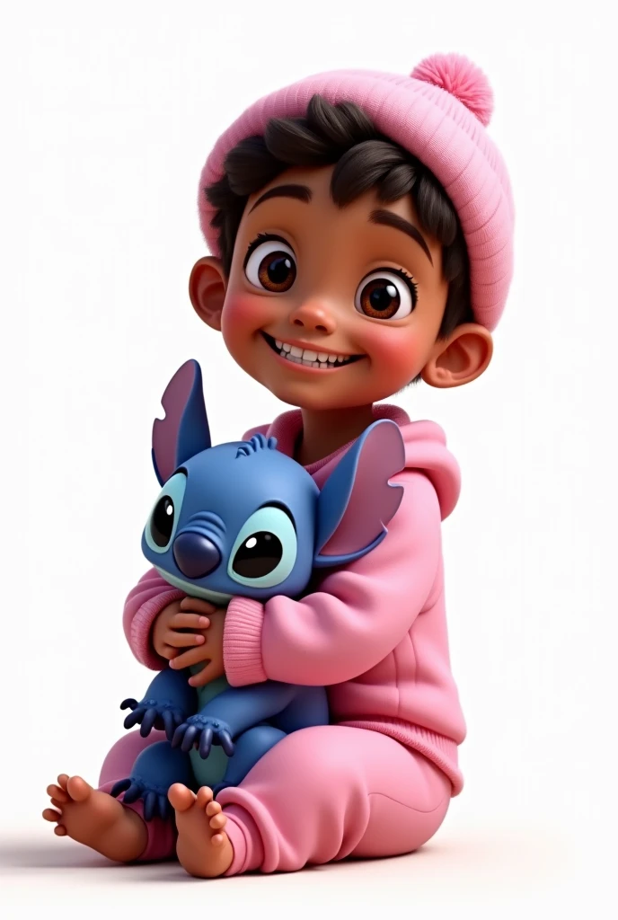 A 9 year old, brown skin, eyes browns, long and curly hair, wearing pink pajamas and a beanie on his head, com o stitch no colo, the stitch should wear blue pajamas, disney pixar style drawing, the image has a white background (png)