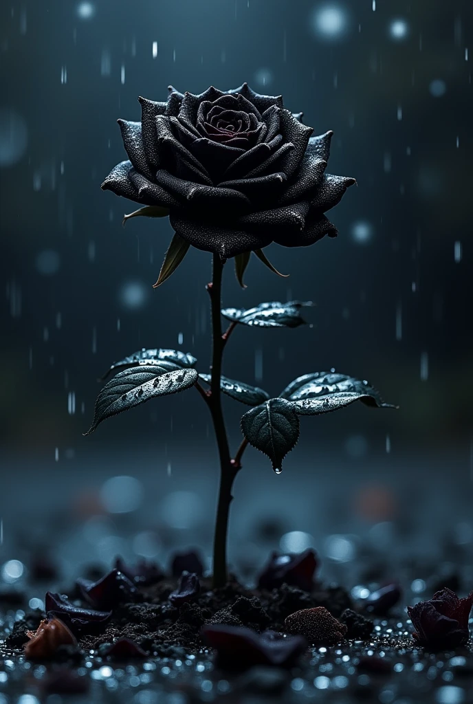 A black rose, with a starry sky and black petals of the same rose on the ground, with rain