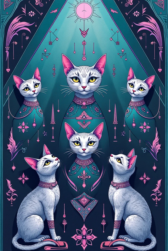 A drawing of cats with a tribal and Egyptian style, with linear shapes in the middle, on a cyan background with shades of purple.. The cats should be small elements in the whole drawing - they are in the background, and the symbols should predominate in the rest of the sheet. The design must be linear and symmetrical.
