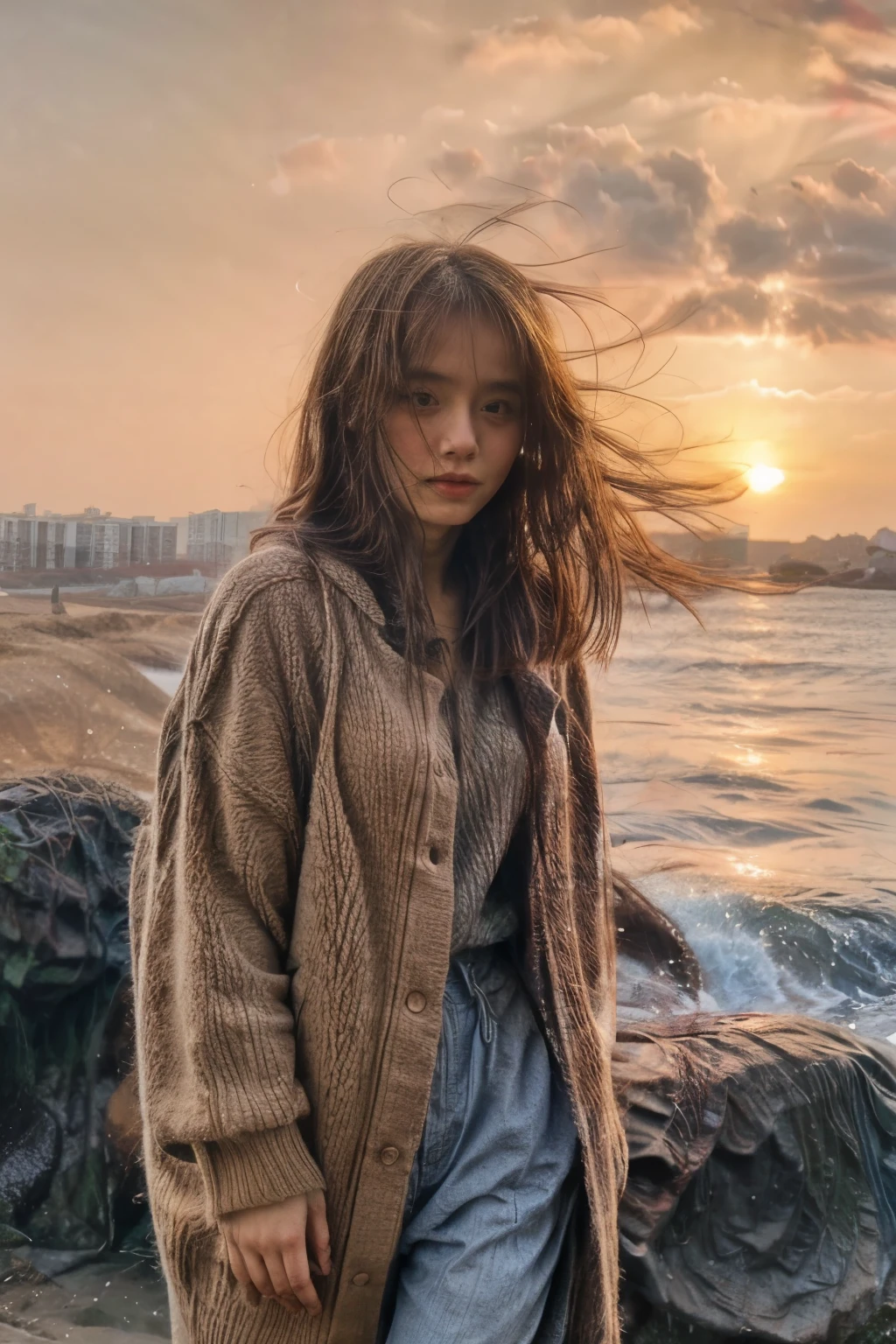 A girl standing by the sea. Watching the sunset