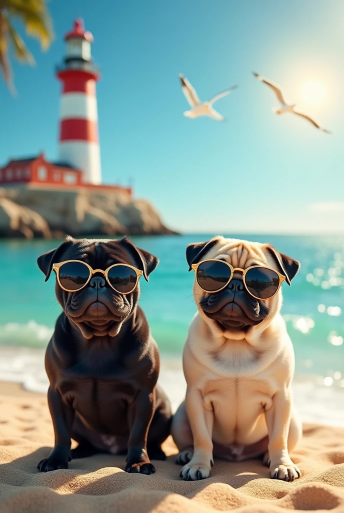An apricot pug wearing sunglasses and a black pug wearing sunglasses sitting in front of a lighthouse with a sea and sun background.