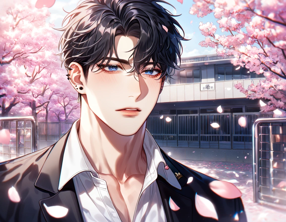 absurdres, highres, ultra detailed, HDR, master piece, best quality, extremely detailed face, delicated features, Kang Woojin, black hair, messy hair, expressive dark blue eyes, Love Jinx, solo, sexy man, handsome, sensual, uniform, black jacket, white shirt, unbuttoned, black piercings, cherry blossoms, pink flowers, pink butterflies, pink petals, school, school gate