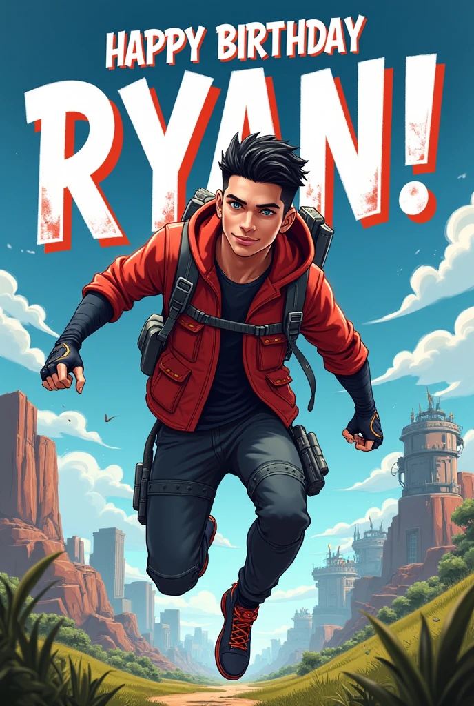 Draw me a white 24 years old Hot man with blue eyes and short black hair and write happy birthday Ryan and draw it as the the apex legends game and write this is from mary