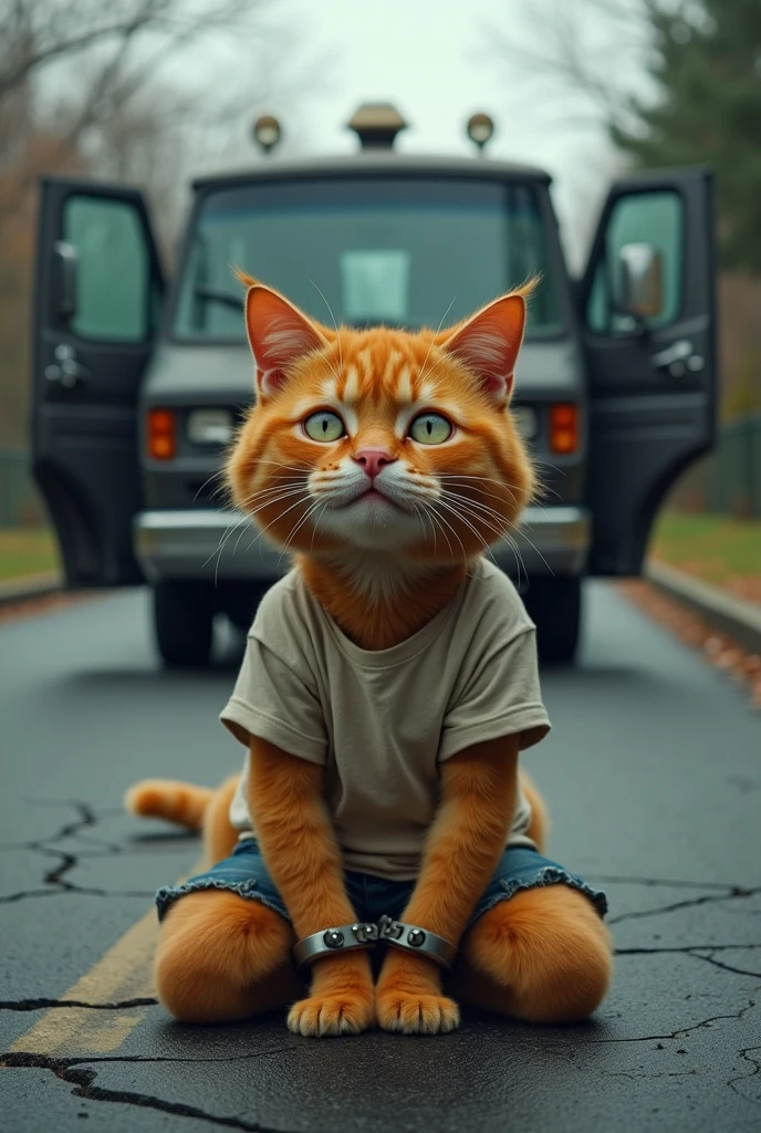 The orange, realistic chubby mother cat is on the road, her hands cuffed with iron handcuffs, crying uncontrollably and in prisoners in police stations. Her old t-shirt and shorts look even more tattered as she kneels on the ground, despair evident in her posture. In the background, the police van is visible, its doors open, ready to take her away, highlighting the tragic conclusion of this sad scene.