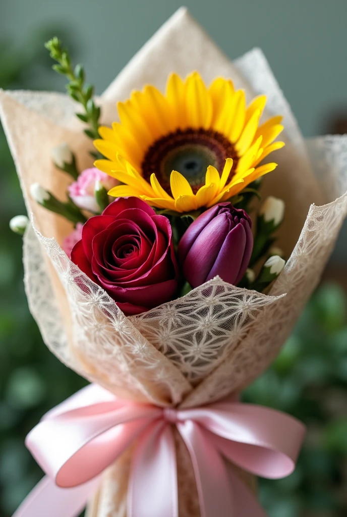 A Bouquet wrapping with only one sunflower only one rose, only one tulip. Just one each flower. Nake the wrapping more beautiful