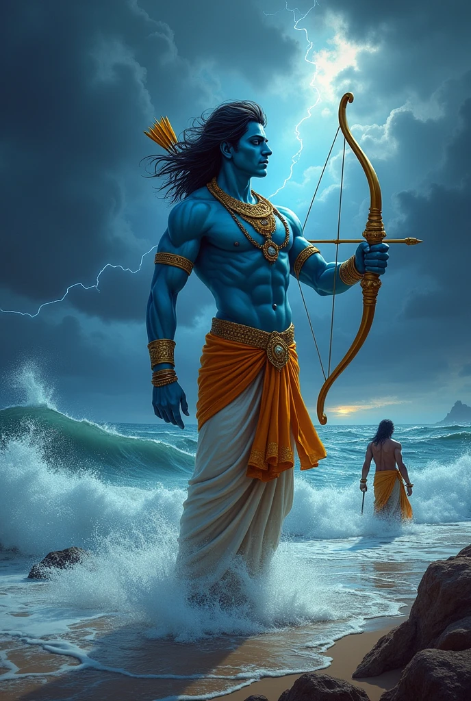 Lord Ram Ji (fit body, blue colour, middle hair, shooting arrows in the sky with a bow in his hand, bright lights in his full body, wearing yellow clothes) standing on the sea shore, shooting dancing arrows in the sky, lightning is flashing in the sky, dark clouds are looming, looking towards the sea.Lord Ram Ji (fit body, blue colour, middle hair, shooting arrows in the sky with a bow in his hand, bright lights in his full body, wearing yellow clothes) standing on the sea shore, shooting dancing arrows in the sky, lightning is flashing in the sky, dark clouds are looming, looking towards the sea, Lord Lakshman is nearby and Lord Hanuman is standing behind Lord Ram.