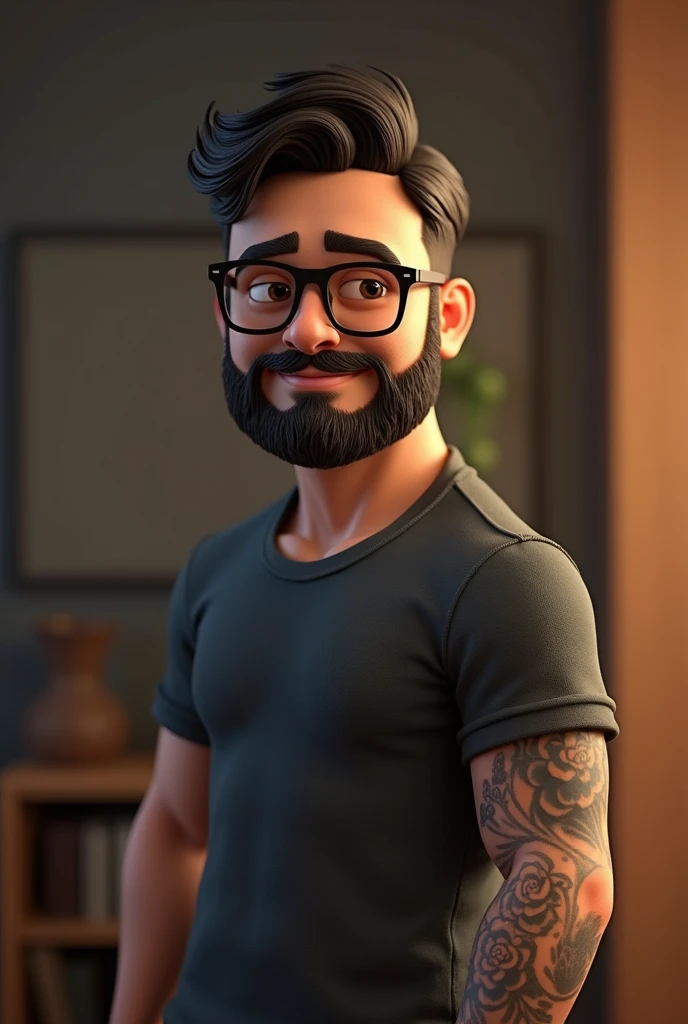 Cartoon character of a man with black glasses and a black shirt, straight hair, With a beard and an old school tattoo on his arm, 105 kilograms, animation character, stylized character, animation style rendering, 3D stylized, Arnold Maya rendering, Render 3D stylized, Toon render keyshot, 3D character, 3D character, Stylized 3D rendering, 3d character rendering, cartoon character, Close-up character, Character pose, (pixar style) (master part:1.2) (bokeh) (Best Quality) (detailed skin) (detailed texture) (8k) (clay) (cinematic lighting) (sharp focus
