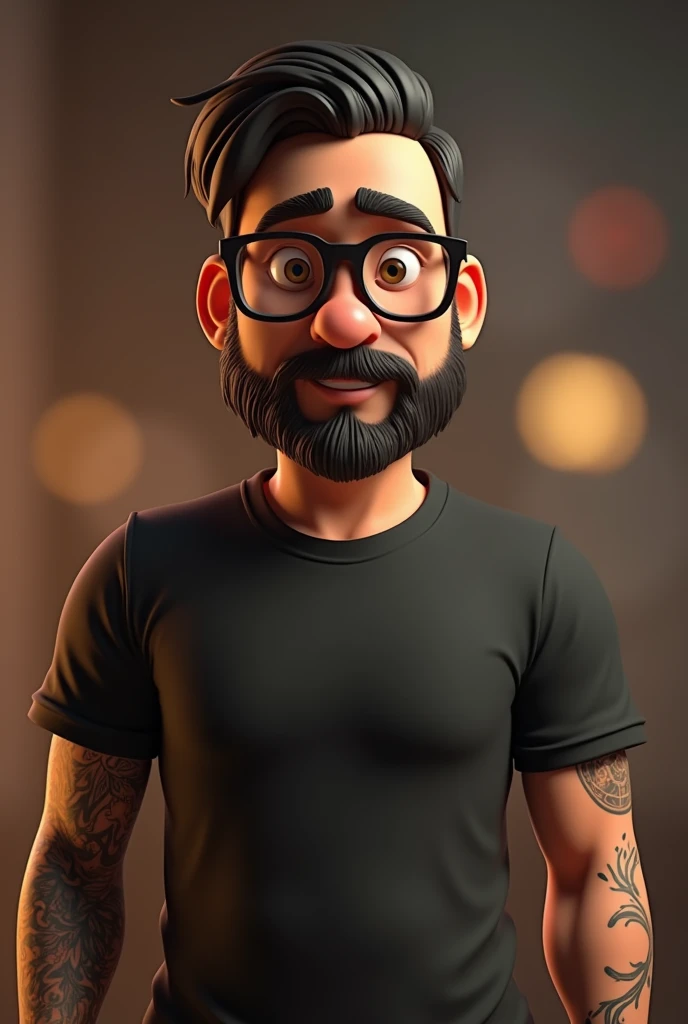 Cartoon character of a man with black glasses and a black shirt, straight hair, With a beard and an old school tattoo on his arm, 105 kilograms, animation character, stylized character, animation style rendering, 3D stylized, Arnold Maya rendering, Render 3D stylized, Toon render keyshot, 3D character, 3D character, Stylized 3D rendering, 3d character rendering, cartoon character, Close-up character, Character pose, (pixar style) (master part:1.2) (bokeh) (Best Quality) (detailed skin) (detailed texture) (8k) (clay) (cinematic lighting) (sharp focus