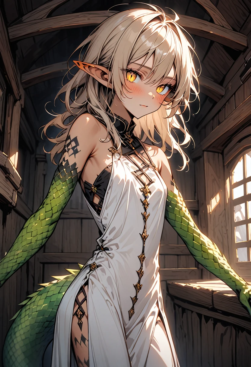 male:1.3, solo, very tall, large, human face:1.4, very slim waist, fit, short messy light brown hair, yellow eyes, slit pupils, lizard tail, scale claws, scales on arms:0.5, light tan skin, broad shoulders, clean shaven, head-fin ears, blush, fit arms:0.7, cabin indoors, bare shoulders, simple white shirt, revealing clothes, medieval, feminine male