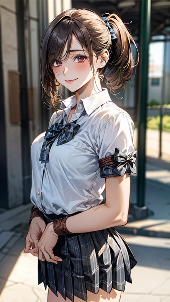 (masterpiece:1.2, top-quality), (realistic, photorealistic:1.4), beautiful illustration, (natural side lighting, movie lighting), nsfw:1.2, 
beautiful hair, beautiful face, beautiful detailed eyes, beautiful clavicle, beautiful body, beautiful chest, beautiful thigh, beautiful legs, beautiful hands, 
looking at viewer, (from behind), full body, 1 girl, japanese, high school girl, perfect face, perfect eyes, cute and symmetrical face, suntan, shiny skin, white skin, slender, 
(long hair:1.5, side ponytail:1.4, brown hair), hair over one eye:1.4, maroon eyes, long eye lasher, (medium breasts), 
((collared short sleeve shirt, white shirt, , grey plaid pleated skirt, blue plaid bow tie), wrist chakra), white panties, 
(((shibari over clothes, arms behind back)), bondage, shibari:1.5, bound arms, bound breasts),
(beautiful scenery), daytime, (standing), (lovely smile, upper eyes),