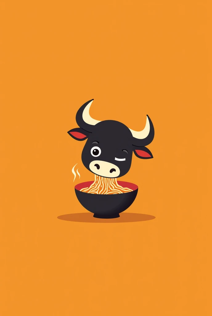 minimalist logo, floating bull head eating ramen, winking, on an orange background.