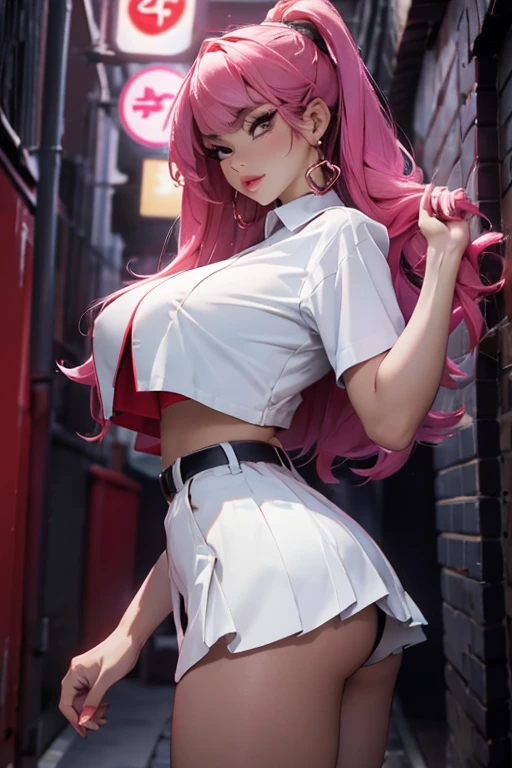 masterpiece , best quality , 8k resolution , sexy, seductive, flirty, exquisite lighting , highly dramatic picture, cinematic lens effect, busty bitches, perfect face, perfect hands, perfect anatomy, Ecchi Pokemon girl in miniskirt , colourful clothes, located in nighttime dark alley of town, crying mascara lines, visible panties, looking at viewer nervously + frown,