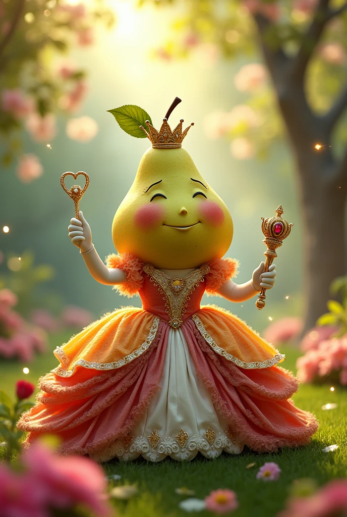 A fruit (pear) wearing a beautiful and extravagant gown, wearing cute gloves, and a striking crown and scepter