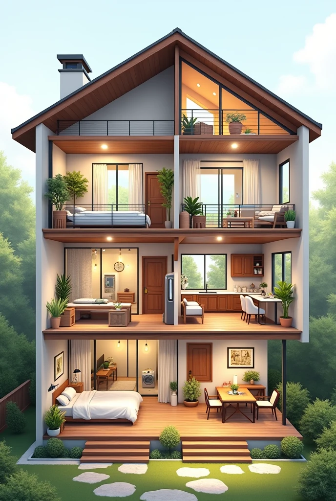 HOUSE IMAGE WITH CROSS SECTION, WHERE IT IS OBSERVED ON THE FIRST FLOOR BATHROOM, LAUNDRY, bedroom AND A BALCONY AND ON THE SECOND FLOOR KITCHEN, dining room, living room, PARKING AND A TERRACE