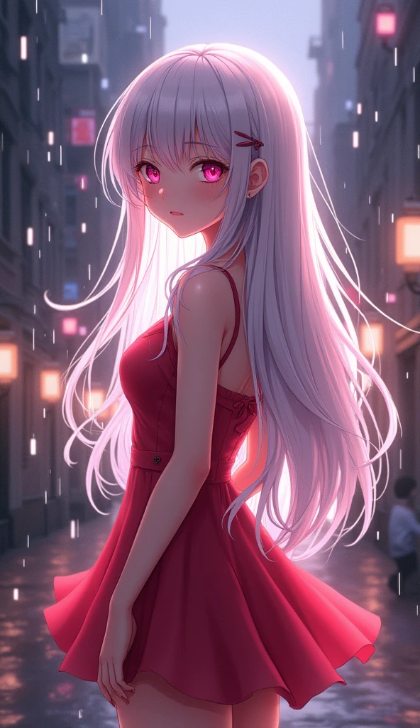 photorealistic,Realistic illustration in Modelshoot style,((masterpiece)),((The best quality)),((Ultra Quality)),((ultra detailed)),((1girl long white hair)),((Only)),((waifu:1.5)),Perfect anatomy,perfect hands,beautiful cuerpo,beautiful_method,ulzzang-6500-v1,e-chica,((Exceptionally Beauty Waifu Princess)), intricate details, realist, photorealist, Full Body Portrait, Instagram Photo of a woman wearing aretes, Mary R., inspired by Emma Andijewska, wrapped in crystals,(masterpiece:1.3), (Best Quality:1.3), (Ultra-detailed:1.2), ((kawaii)), Cute, (lovely), ((sexy)), ((Extremely detailed)), 4K, (8K), Best Quality, (Beautiful), Illustration, anime style, (bold line:1.2), Gradation,(best quality, ultra-detailed, photorealistic: 1.39), bright and vibrant colors, studio lighting, (Perfect eyes:1.2), (Perfect iris:1.2), romantic kawaii expression, cute delicate smile, kawaii makeup, 17-year-old e-girl, short red dress, platinum braided and curl white hair, cat ears, big breasts, fit, long wavy hair, mercenary, Mary R.,((bright-pink_eyes)),long wavy hair, ((white hair)),hair clips,eyeliner,cute makeup,lipstick,Glossy lipstick,with a look of terror, worry and sadness,((eyes detallados perfectos)),rainy with fog outside,evening,pink theme,bioluminiscencia,light particles,((Extremely CG Unity 8K Wallpaper)),((cinematic lighting,Best quality lights)),intricate details,Suave,sharp focus,Extremely beautiful and aesthetic,Octane rendering,Full length portrait,damp skin,((Perfect detailed body)),