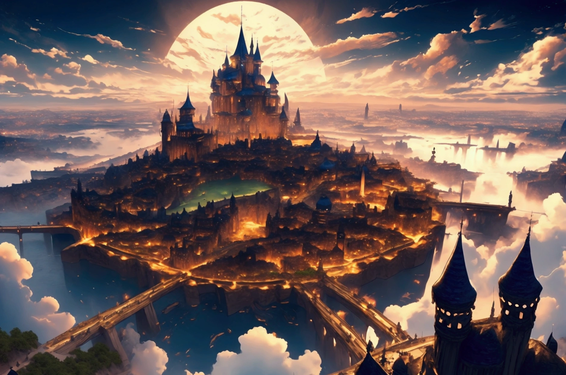 (32k, 8k, high graphics, high resolution, high details) medieval fantasy kingdom, fantasy medieval city, panoramic view, extremely beautiful place, huge tower in the center, wonderful view, blue and majestic sky with clouds, beautiful and prosperous magical kingdom