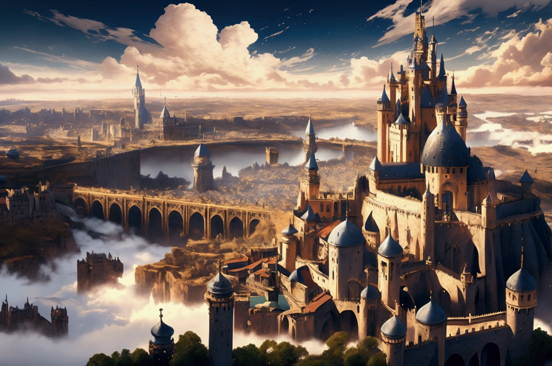 (32k, 8k, high graphics, high resolution, high details) medieval fantasy kingdom, fantasy medieval city, panoramic view, extremely beautiful place, huge tower in the center, wonderful view, blue and majestic sky with clouds, beautiful and prosperous magical kingdom