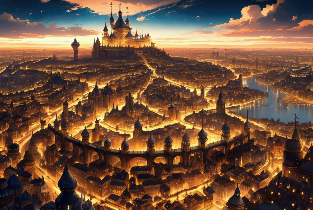 (32k, 8k, high graphics, high resolution, high details) medieval fantasy kingdom, fantasy medieval city, panoramic view, extremely beautiful place, huge tower in the center, wonderful view, blue and majestic sky with clouds, beautiful and prosperous magical kingdom