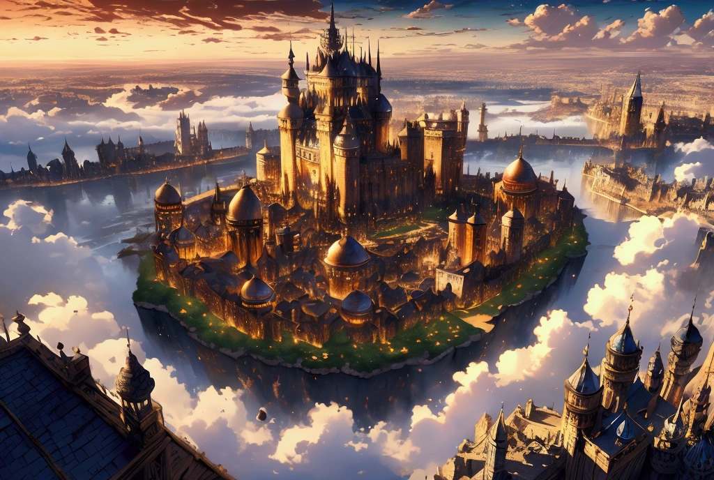 (32k, 8k, high graphics, high resolution, high details) medieval fantasy kingdom, fantasy medieval city, panoramic view, extremely beautiful place, huge tower in the center, wonderful view, blue and majestic sky with clouds, beautiful and prosperous magical kingdom