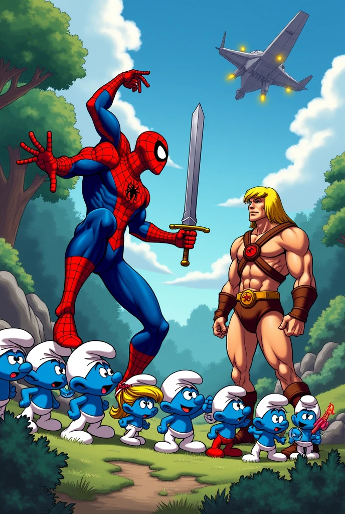 Spiderman and He-man with smurfs fight with aliens, en estilo serie animada de JLU