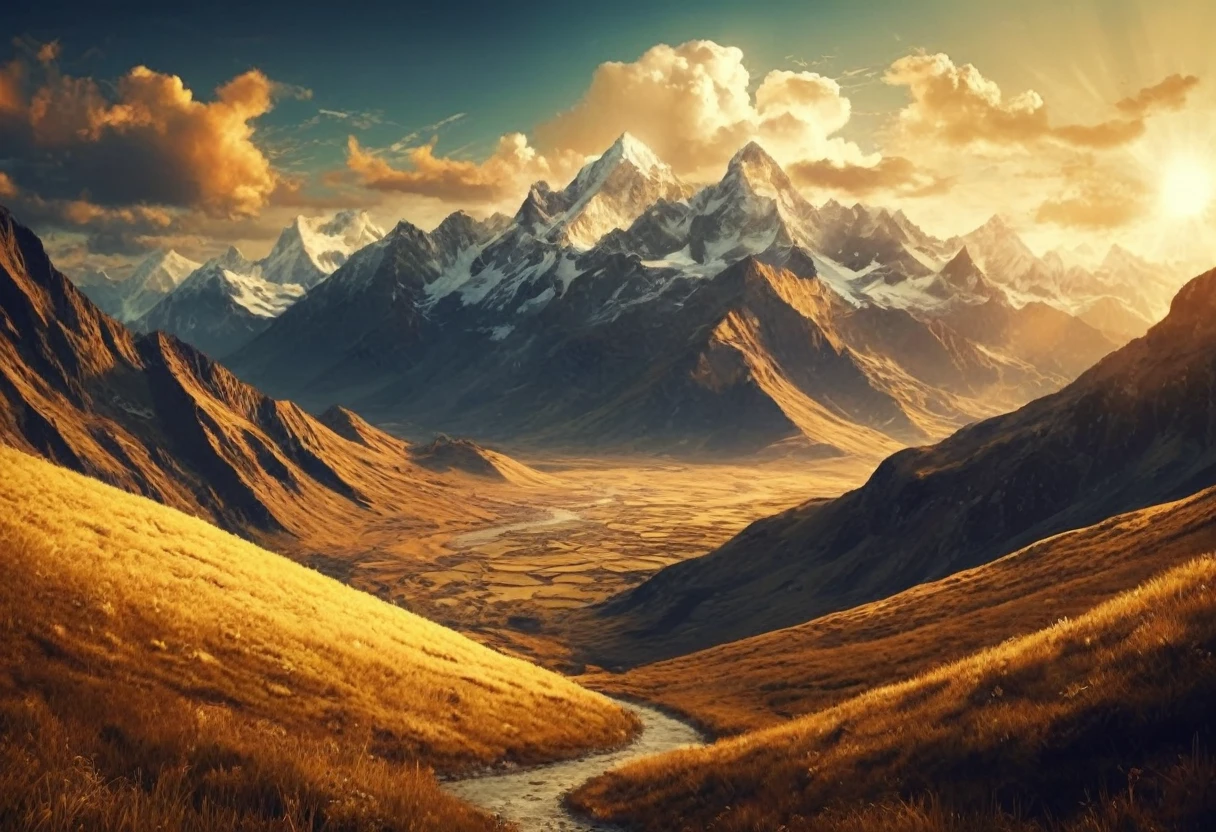 This image appears to be a stunning digital artwork featuring surreal golden landscapes with mountains and a glowing sky. If you want to create something similar using a prompt, You could try something like: "Create a surreal golden landscape with glowing mountains and a radiant sky. The scene should have a dreamy tone, ethereal quality with swirling golden light and intricate details. The atmosphere should feel supernatural, with a touch of fantasy and tranquility." This should help generate a