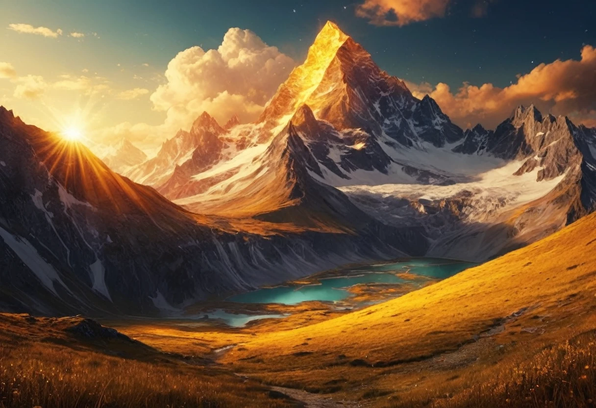This image appears to be a stunning digital artwork featuring surreal golden landscapes with mountains and a glowing sky. If you want to create something similar using a prompt, You could try something like: "Create a surreal golden landscape with glowing mountains and a radiant sky. The scene should have a dreamy tone, ethereal quality with swirling golden light and intricate details. The atmosphere should feel supernatural, with a touch of fantasy and tranquility." This should help generate a