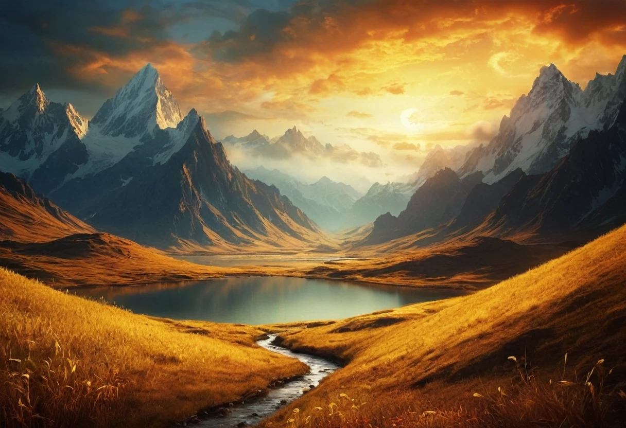 This image appears to be a stunning digital artwork featuring surreal golden landscapes with mountains and a glowing sky. If you want to create something similar using a prompt, You could try something like: "Create a surreal golden landscape with glowing mountains and a radiant sky. The scene should have a dreamy tone, ethereal quality with swirling golden light and intricate details. The atmosphere should feel supernatural, with a touch of fantasy and tranquility." This should help generate a